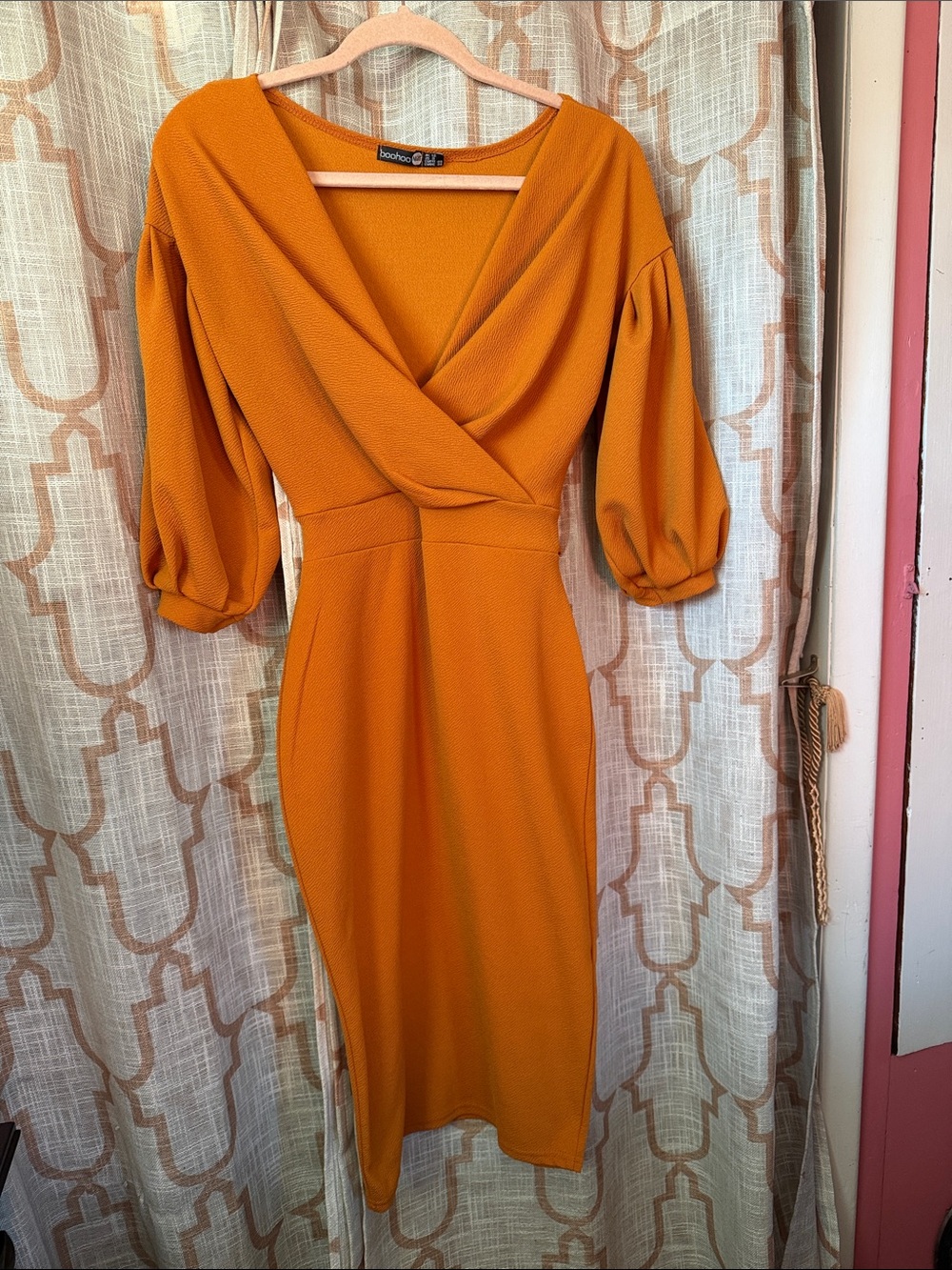 Boohoo Mustard Orange Puff Sleeve Wrap-Front Midi Dress